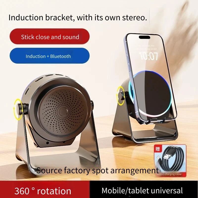 Induction bracket with a phone on a wooden surface, featuring text about its features.