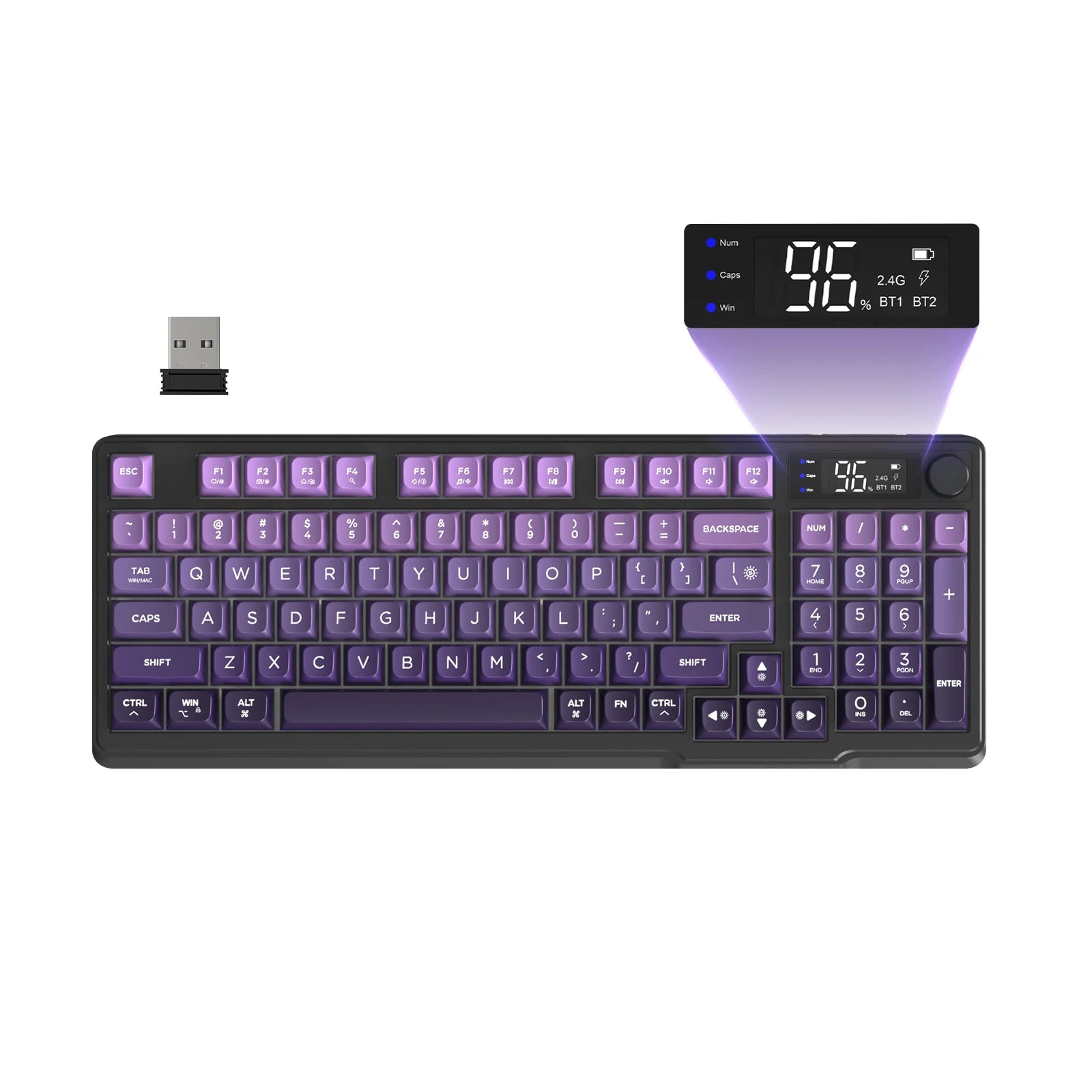 Keyboard with digital display and USB receiver on a white background
