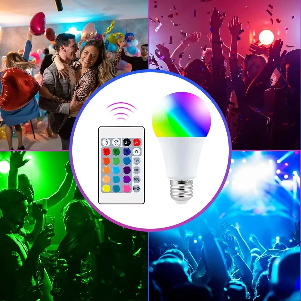 Colorful LED light bulb with remote control surrounded by party images.