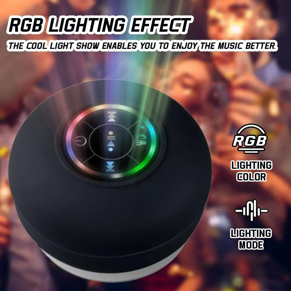 “Bluetooth speaker with colorful LED ring light glowing during use.”