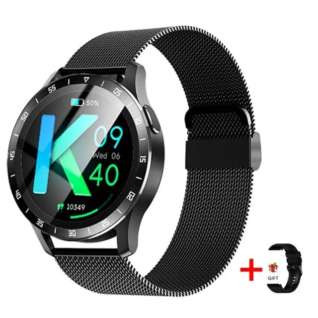 Smartwatch with black mesh band on a white background