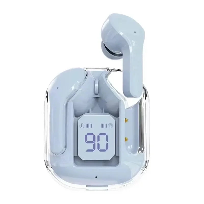 Wireless earbuds with charging case displaying battery level on a white background