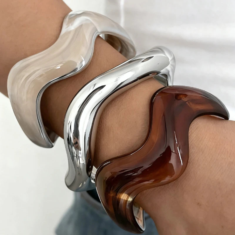 Three-piece sculpted wave cuff bracelet set