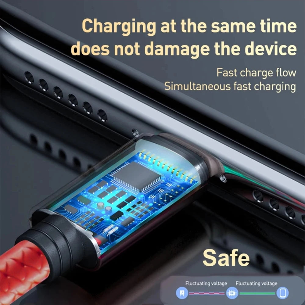 Smartphone with a charging cable showing electronic components, text about safe charging, and a close-up of the cable.