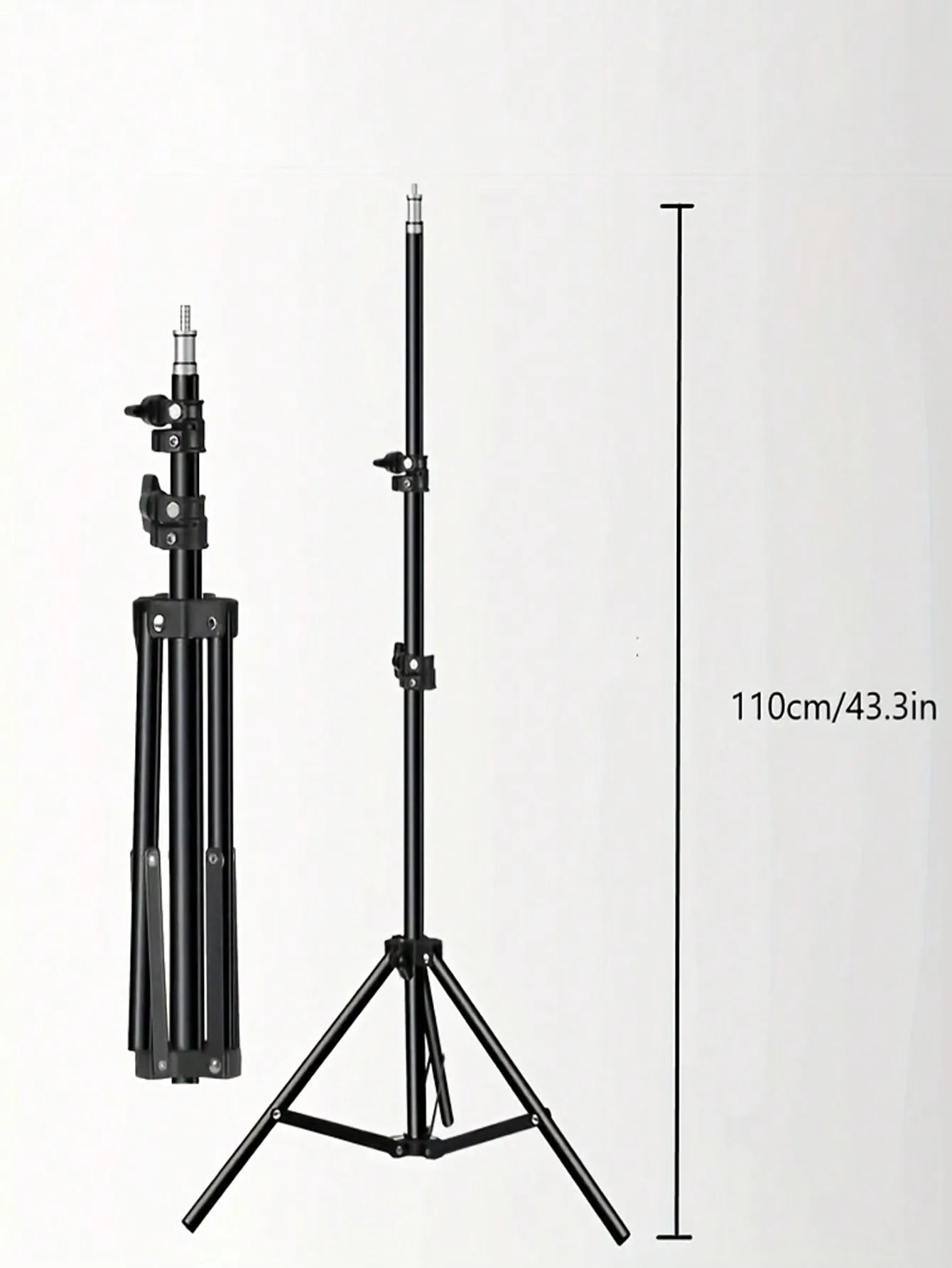 Black photography light stand with adjustable head on a white background, showing measurement text.