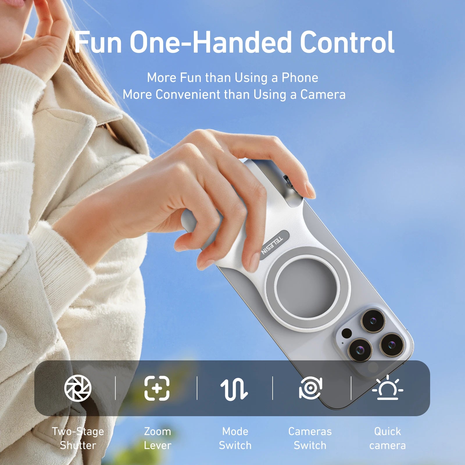 “Magnetic phone camera grip with detachable mini tripod, shown mounted on a smartphone for stable photography.”
