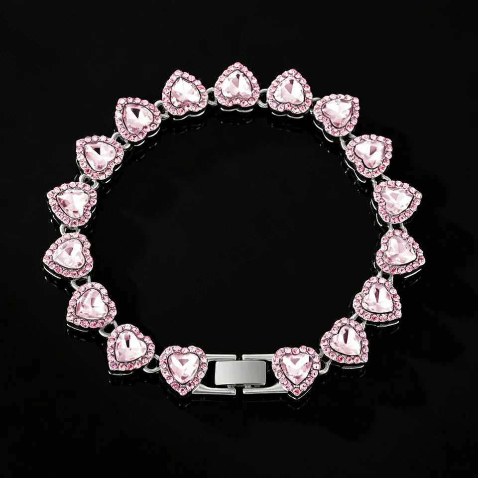 Pink heart rhinestone bracelet with silver-tone settings