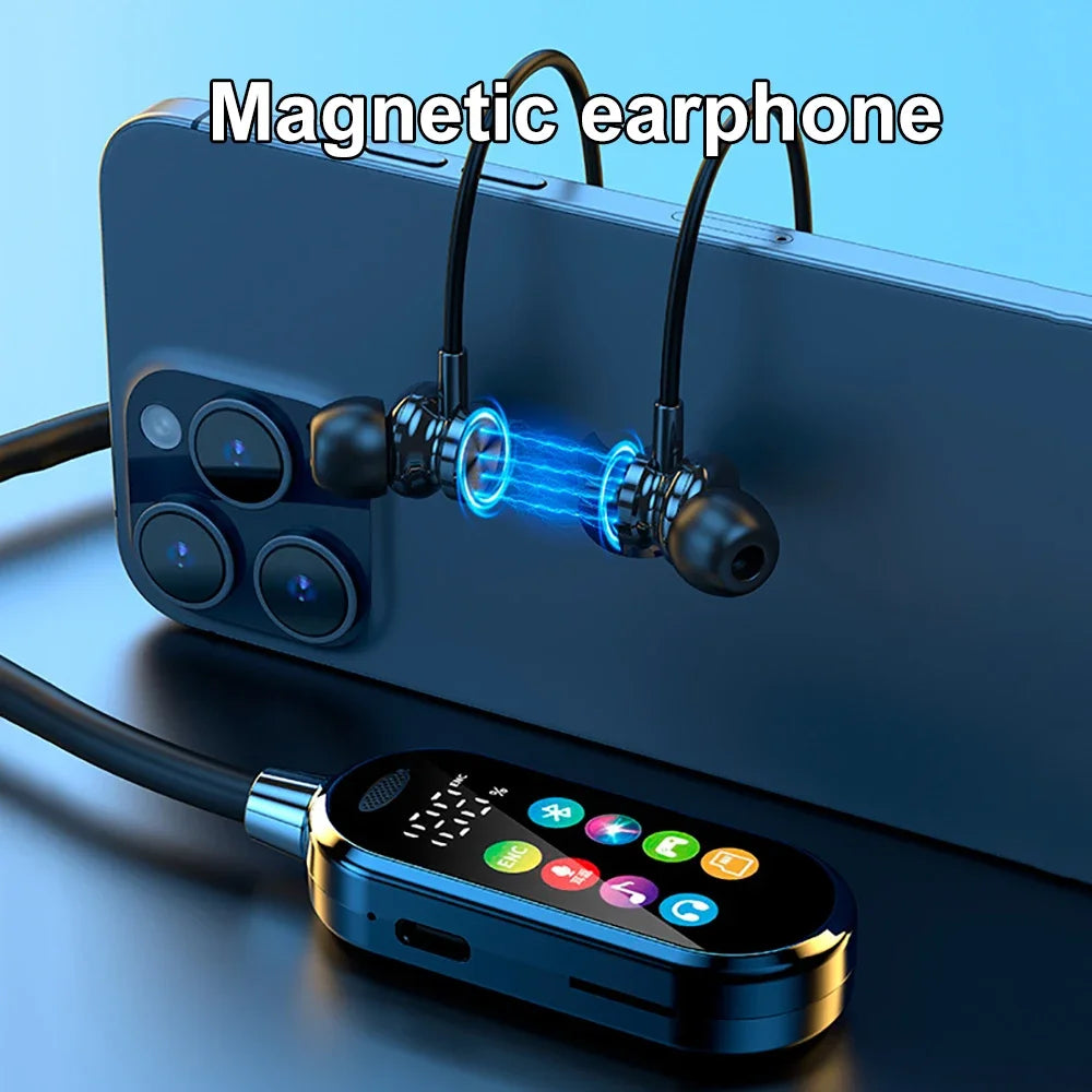 Magnetic earphone setup with smartphone and control device on a blue background