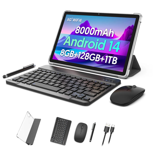 Android 14 Tablet Bundle – 10.1" Display, 8-Core Processor, 4GB RAM, 128GB Storage + Keyboard, Mouse & Case