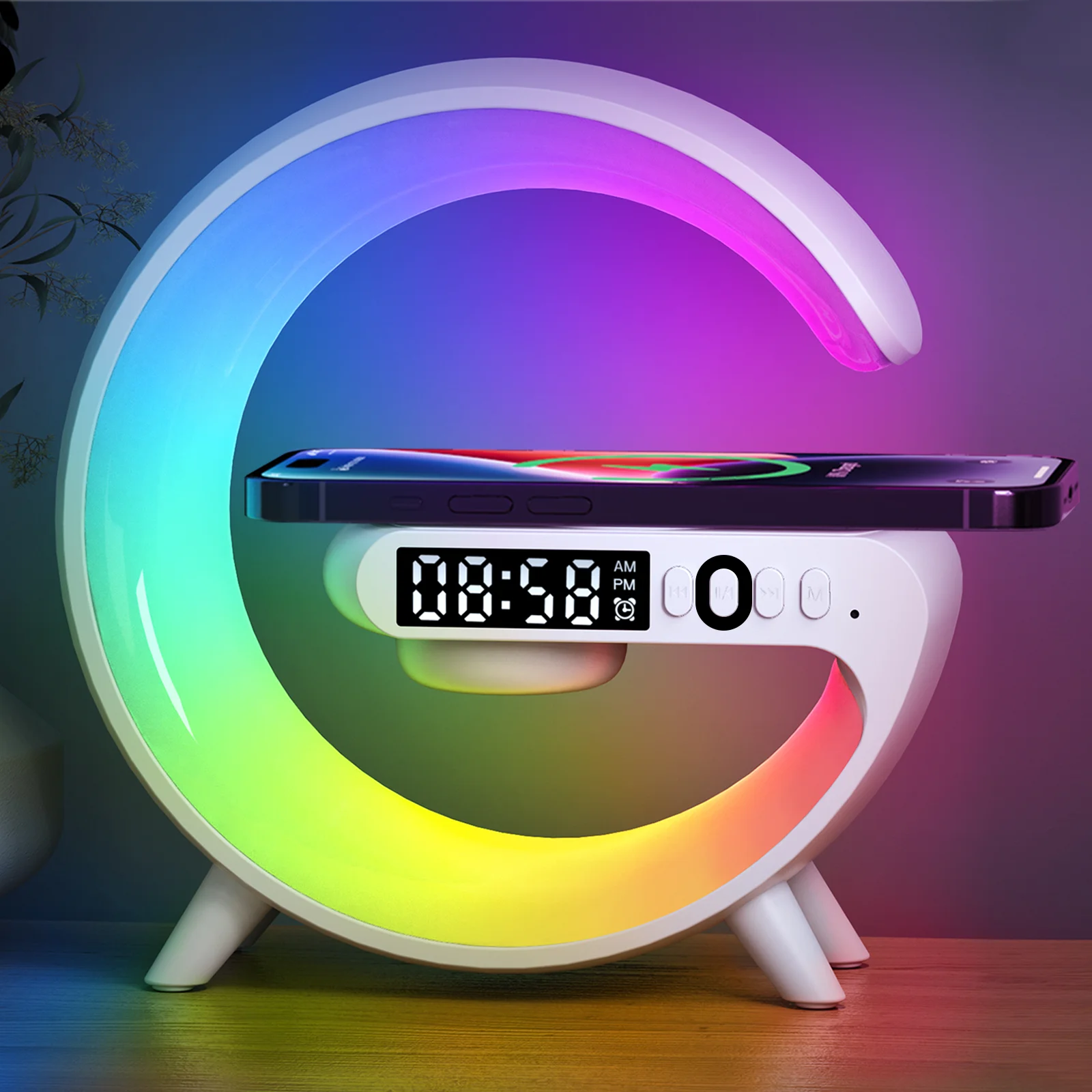 Colorful crescent moon-shaped night light with digital clock on a wooden surface.