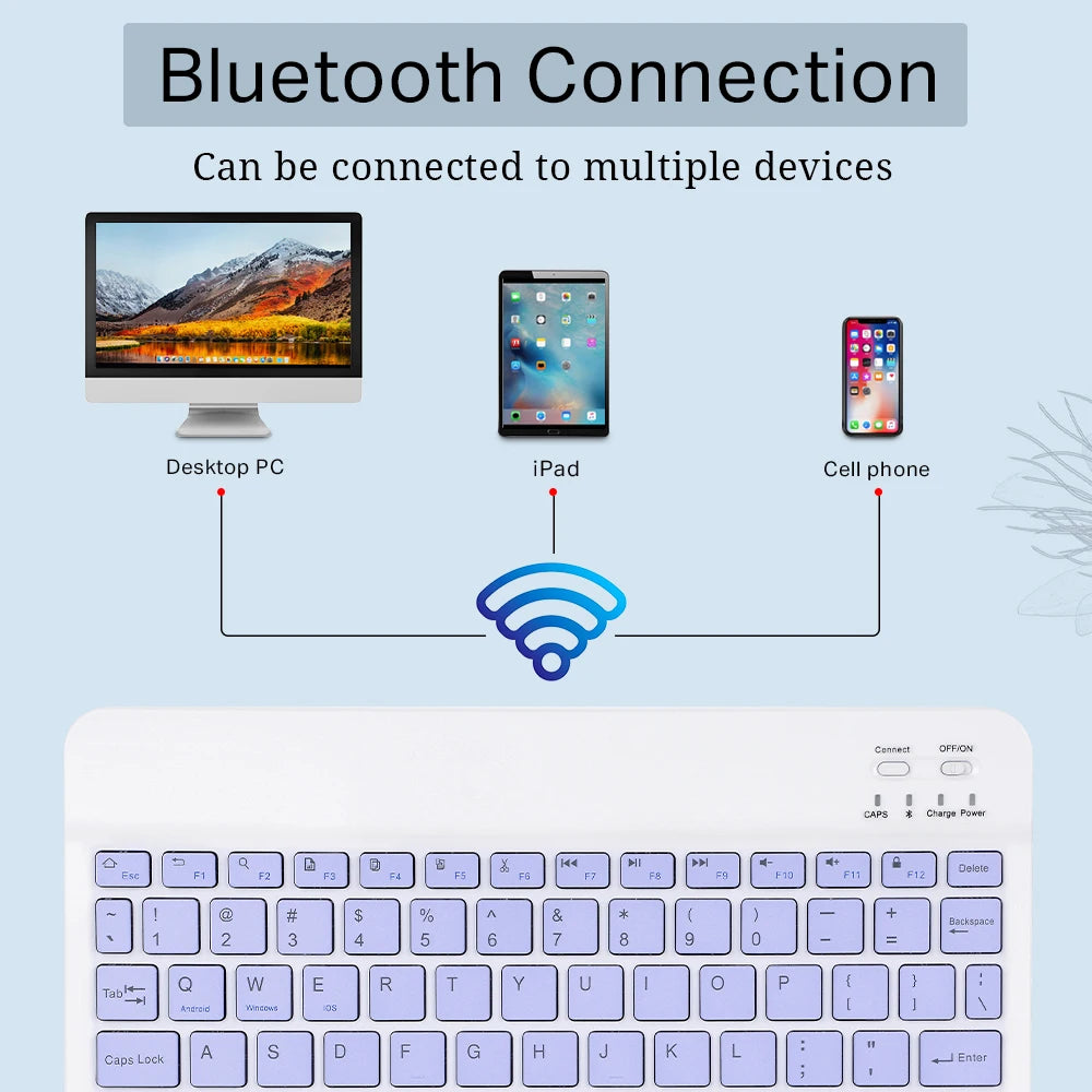 Keyboard with Bluetooth connection capabilities shown on a light blue background
