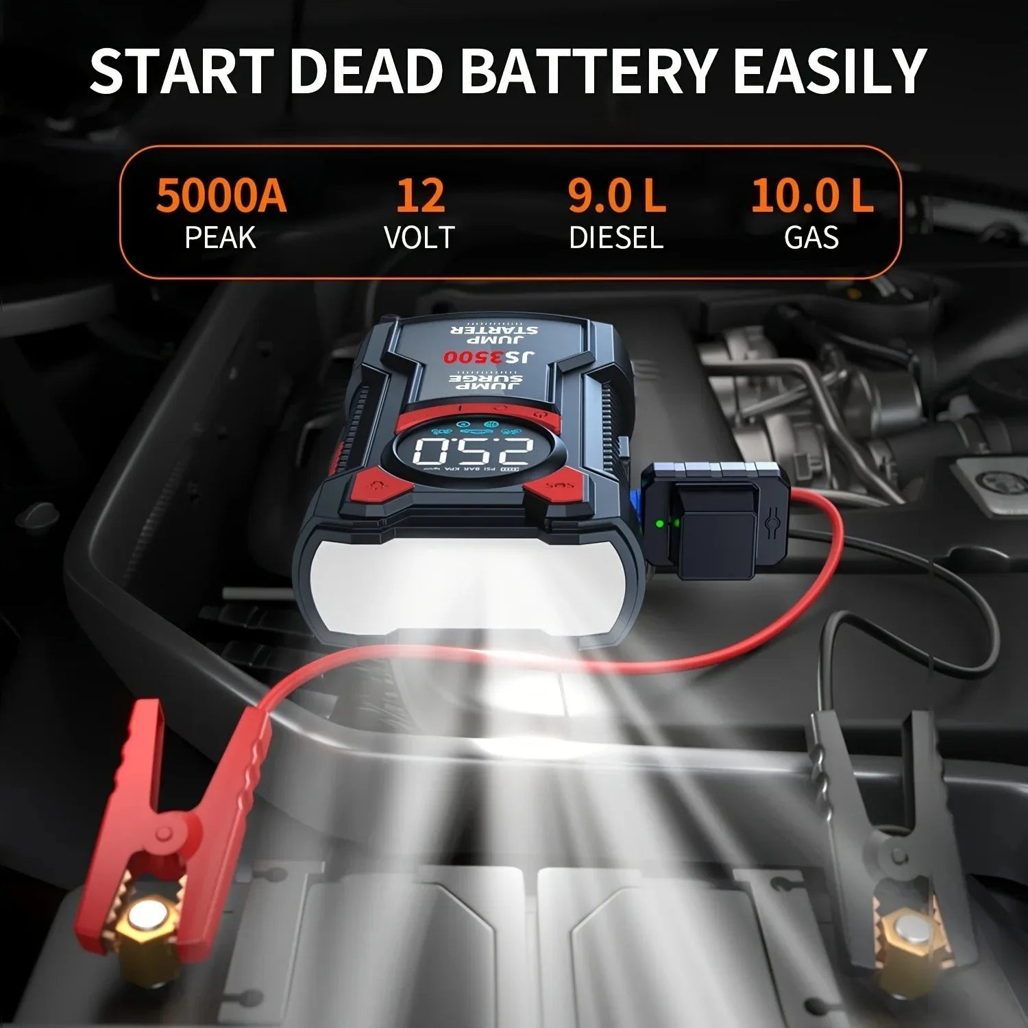 Car jump starter with clamps on a car battery, showing specifications.