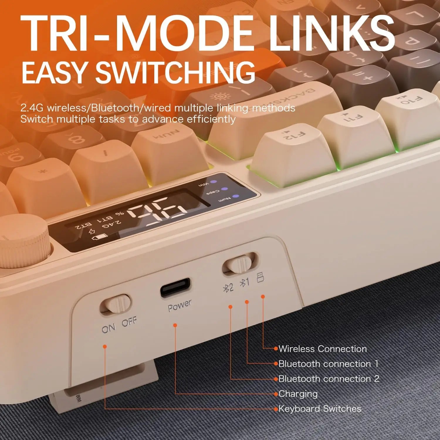 Keyboard with digital display and control buttons on a dark surface