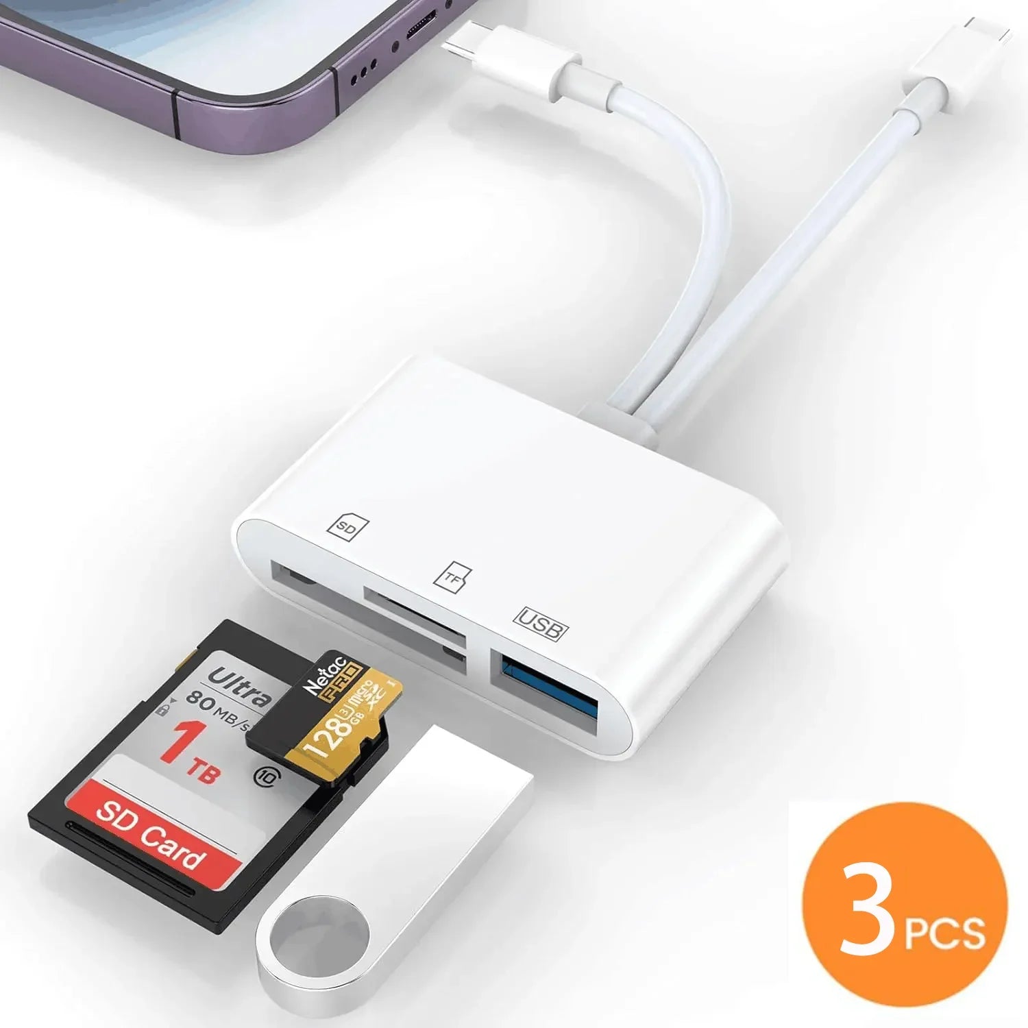 5-in-1 USB-C and Lightning SD/TF Card Reader Adapter for iPhone, iPad, MacBook, Samsung, Android.