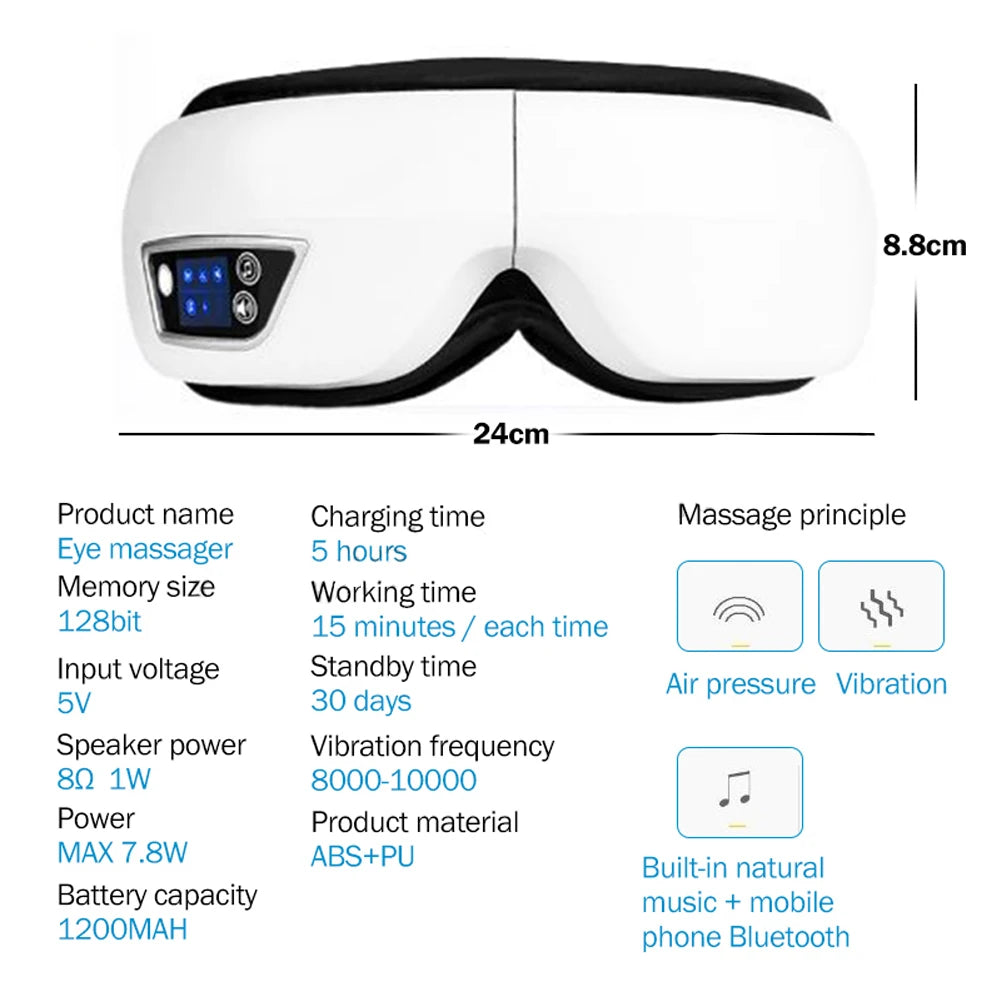 White eye massager with black straps on a white background, showing dimensions and technical specifications.
