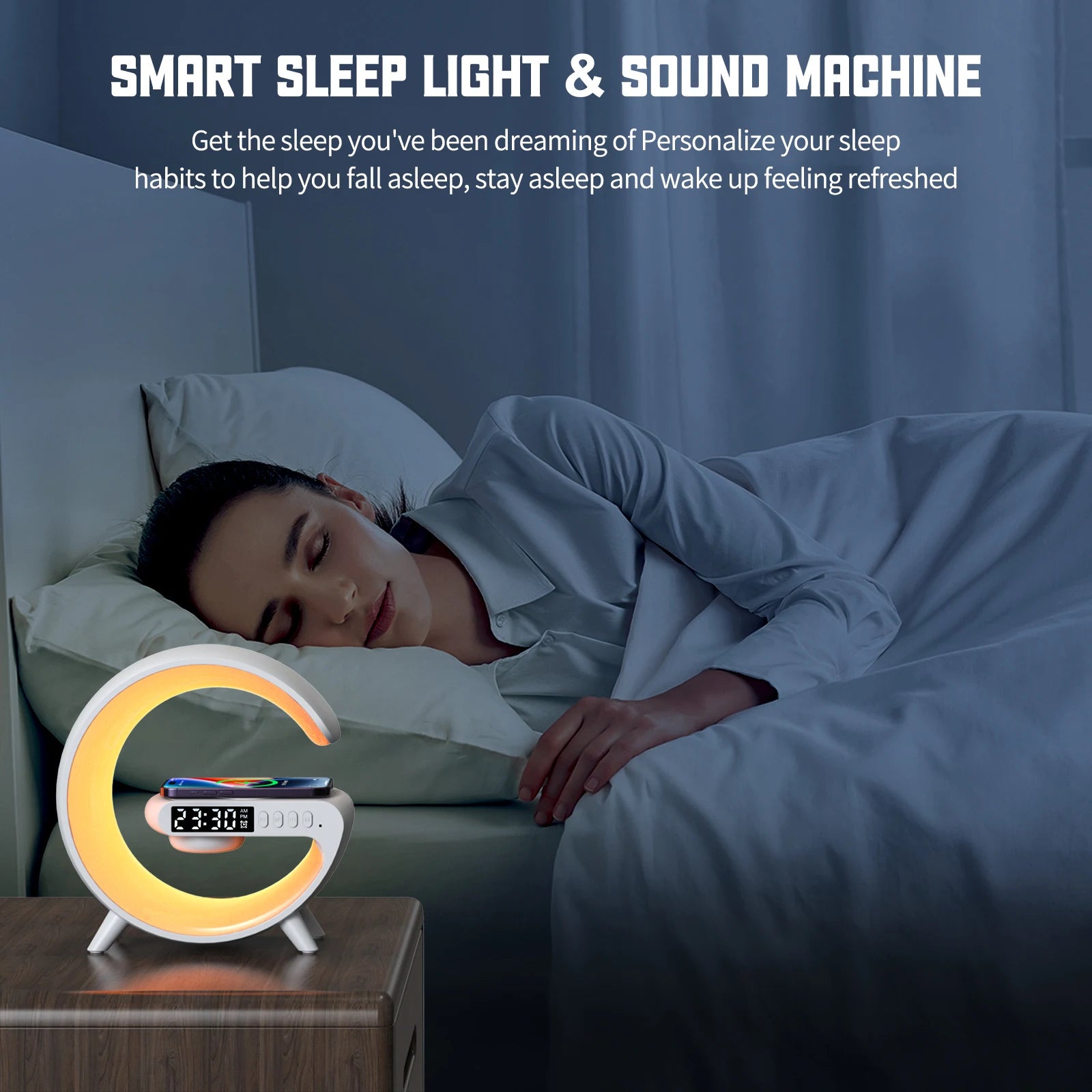 Woman sleeping in bed with a smart sleep light and sound machine on a nightstand.