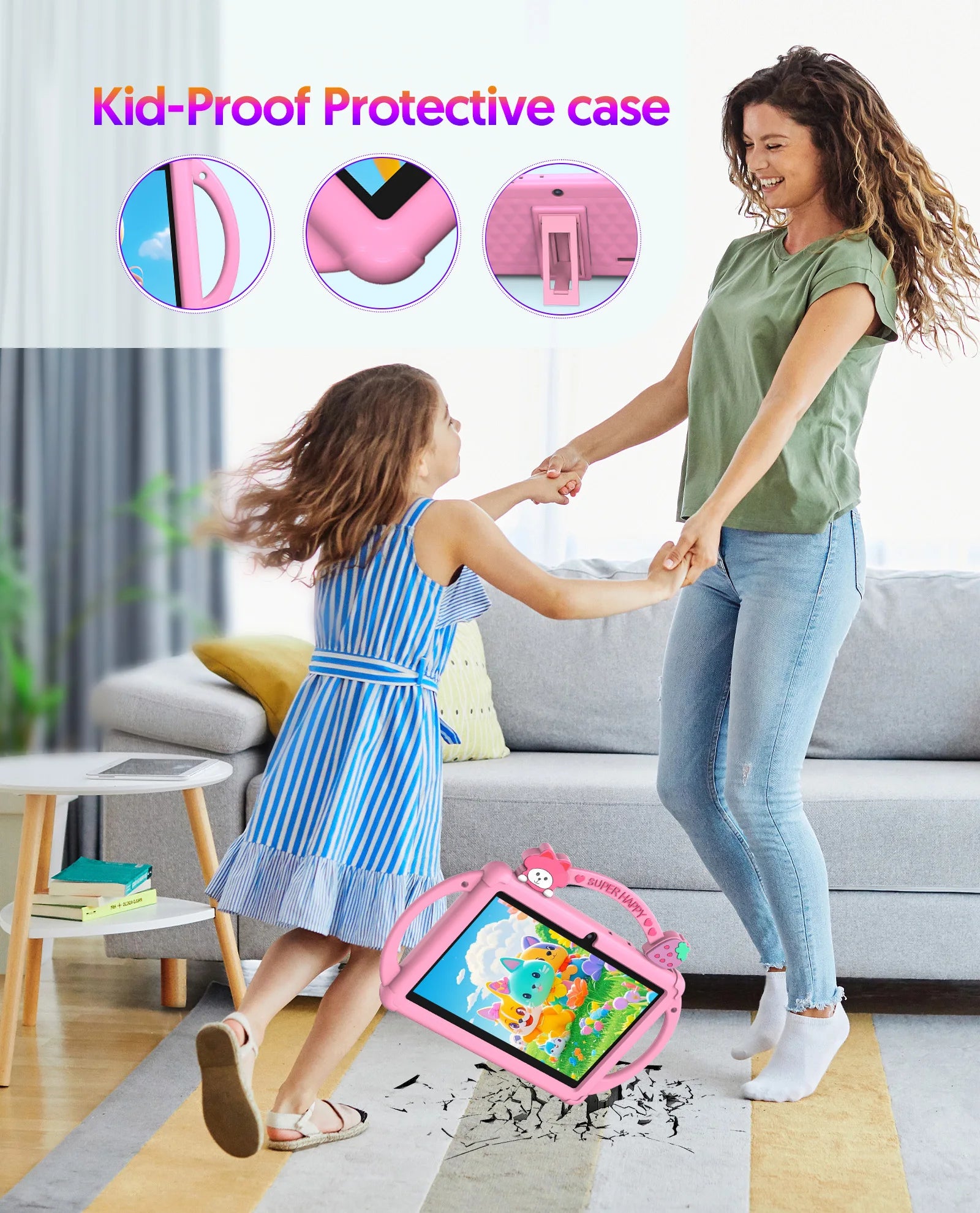 Woman and child playing with a tablet in a living room, emphasizing a kid-proof protective case.