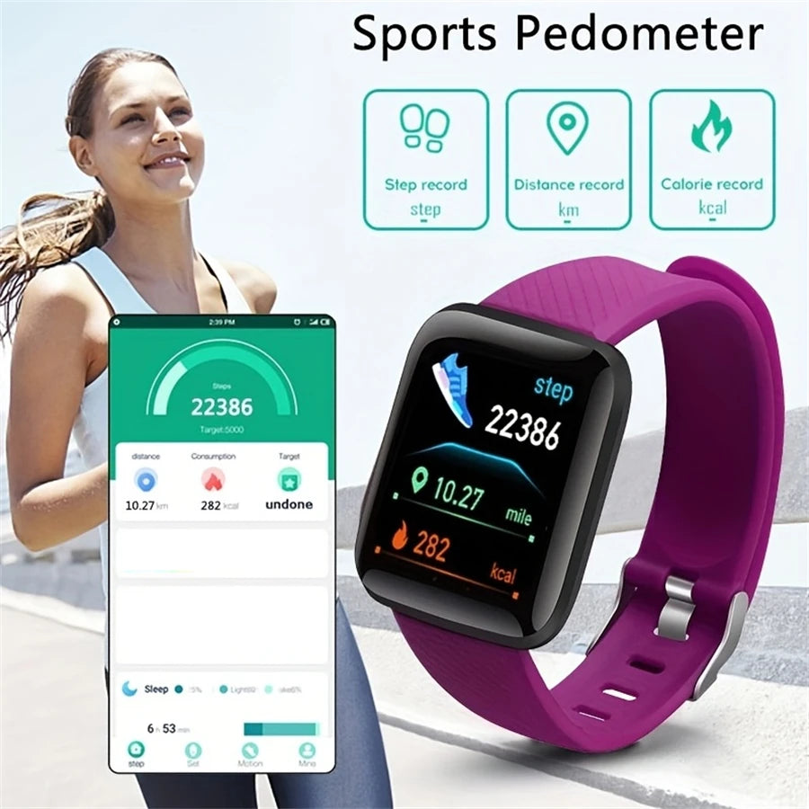 Sports pedometer with smartphone app display, showing step count and activity tracking features.