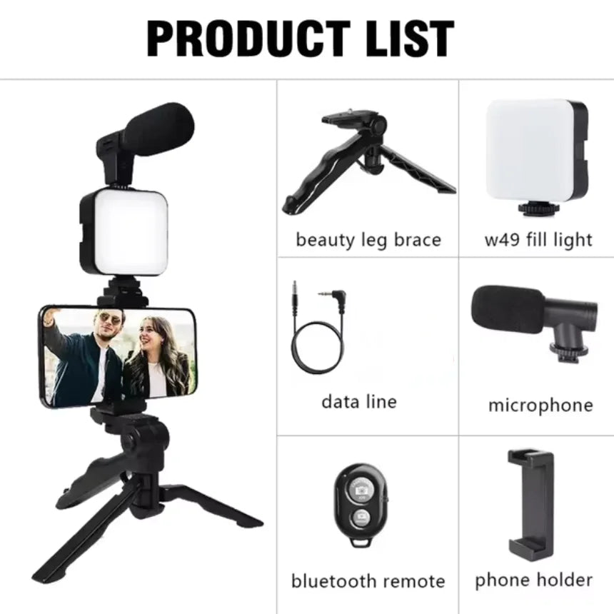 Collection of video recording equipment including a beauty leg brace, fill light, data line, microphone, Bluetooth remote, and phone holder on a white background.