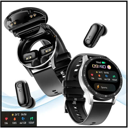 Smartwatch with black band and black case, including a charging dock and earbuds on a white background.