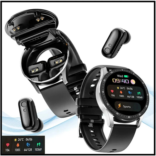 Smartwatch with black band and black case, including a charging dock and earbuds on a white background.