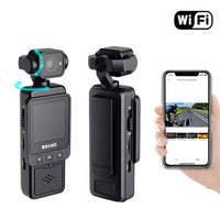 Action camera with remote control and smartphone displaying camera feed on a white background
