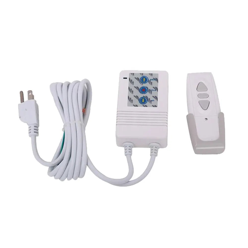 White electronic device with a cord and remote control on a white background