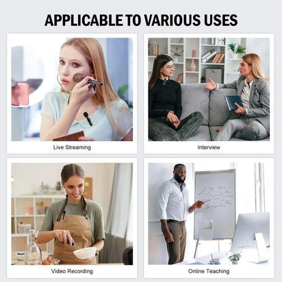 “Collage showing different ways to use a wireless lavalier microphone, including live streaming, interviews, video recording, and online teaching.”