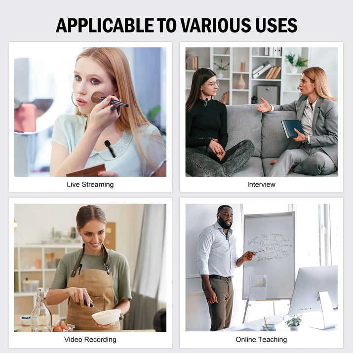 “Collage showing different ways to use a wireless lavalier microphone, including live streaming, interviews, video recording, and online teaching.”