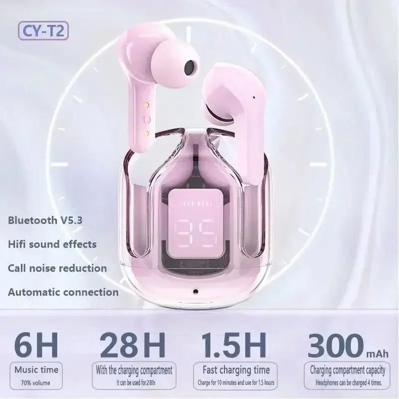 Pink wireless earbuds with charging case on a light gray background, displaying features and specifications.
