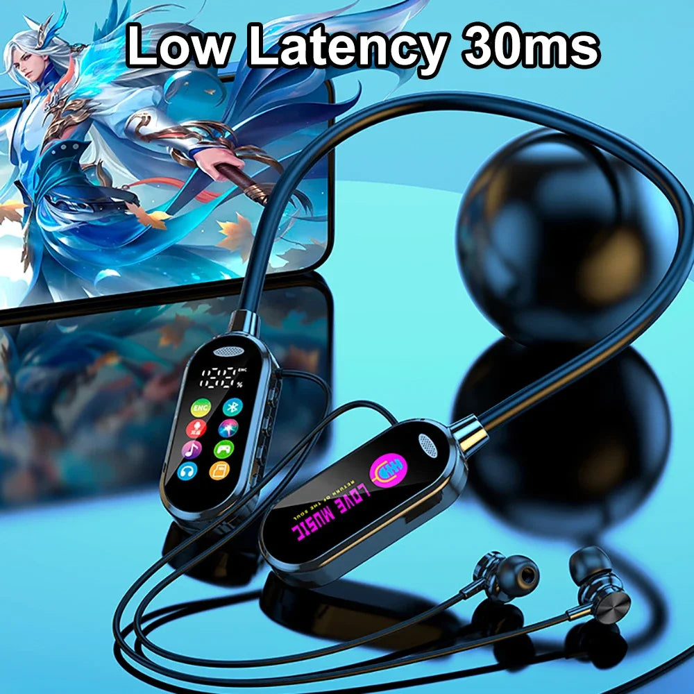 Wireless earbuds with digital display and 'Low Latency 30ms' text, gaming character on screen.