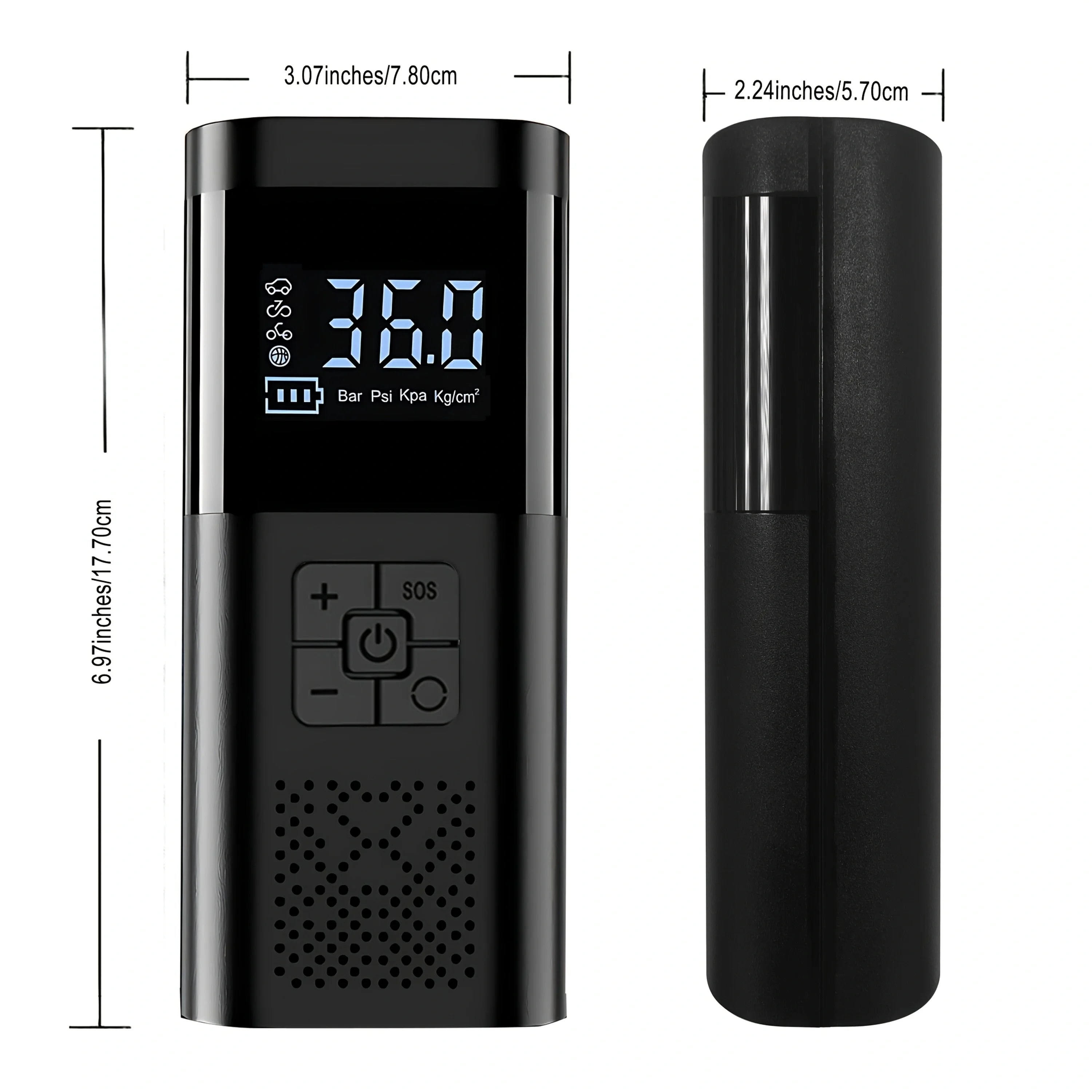 Black electronic device with digital display and measurement markings on a white background
