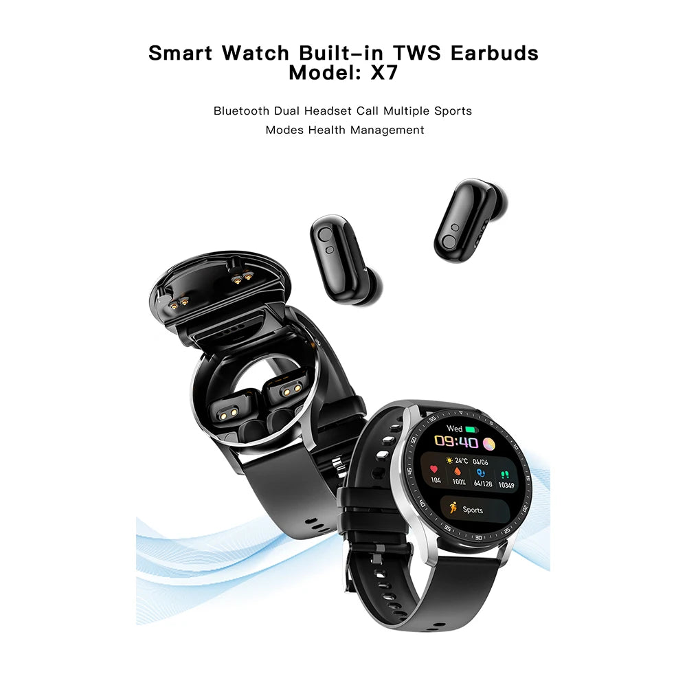 Smart watch with built-in TWS earbuds on a white background