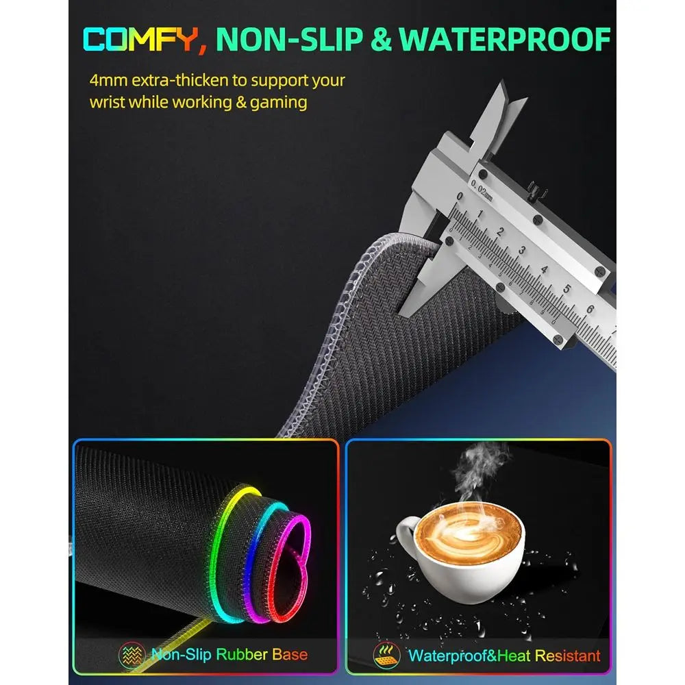 Product advertisement with text 'Comfy, Non-Slip & Waterproof' and a caliper measuring a wrist support band.