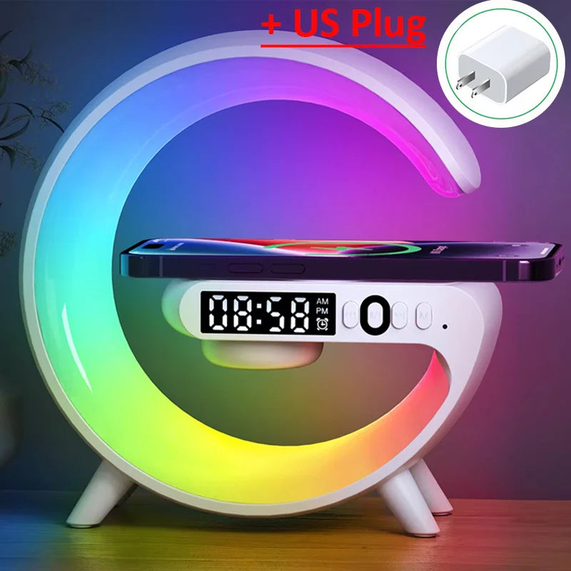 Colorful LED clock with smartphone stand and US plug icon on a dark background