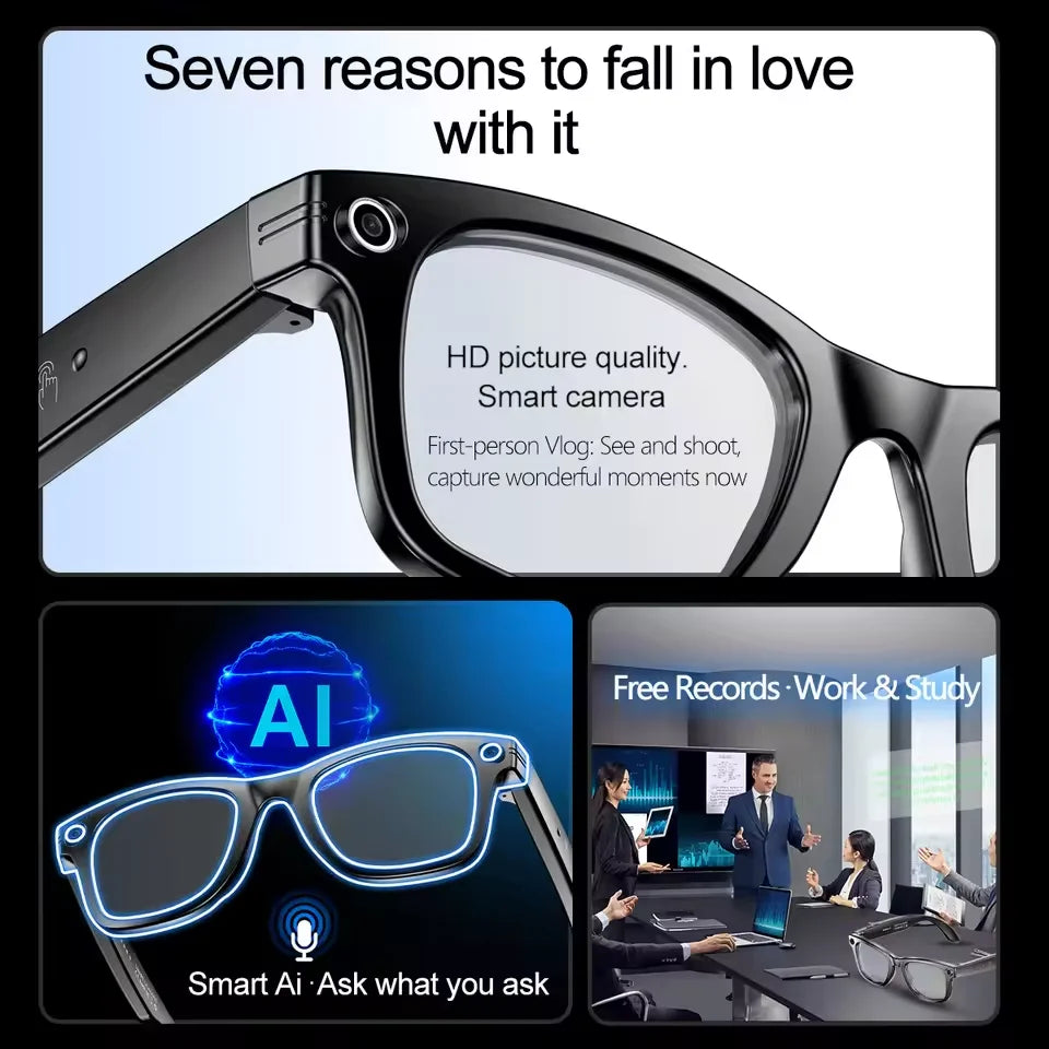 “Smart camera sunglasses with 800W 4K UHD recording, translation, WiFi, and AI voice features.”