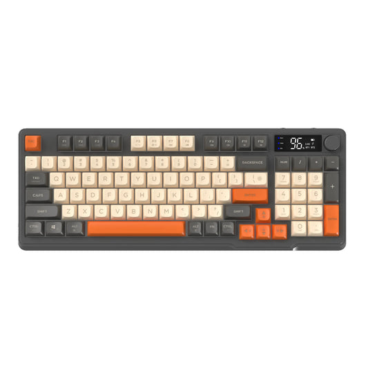 Mechanical keyboard with orange and beige keys on a white background