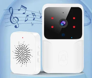 White electronic device with a black screen and red lights on a light blue background with musical notes.