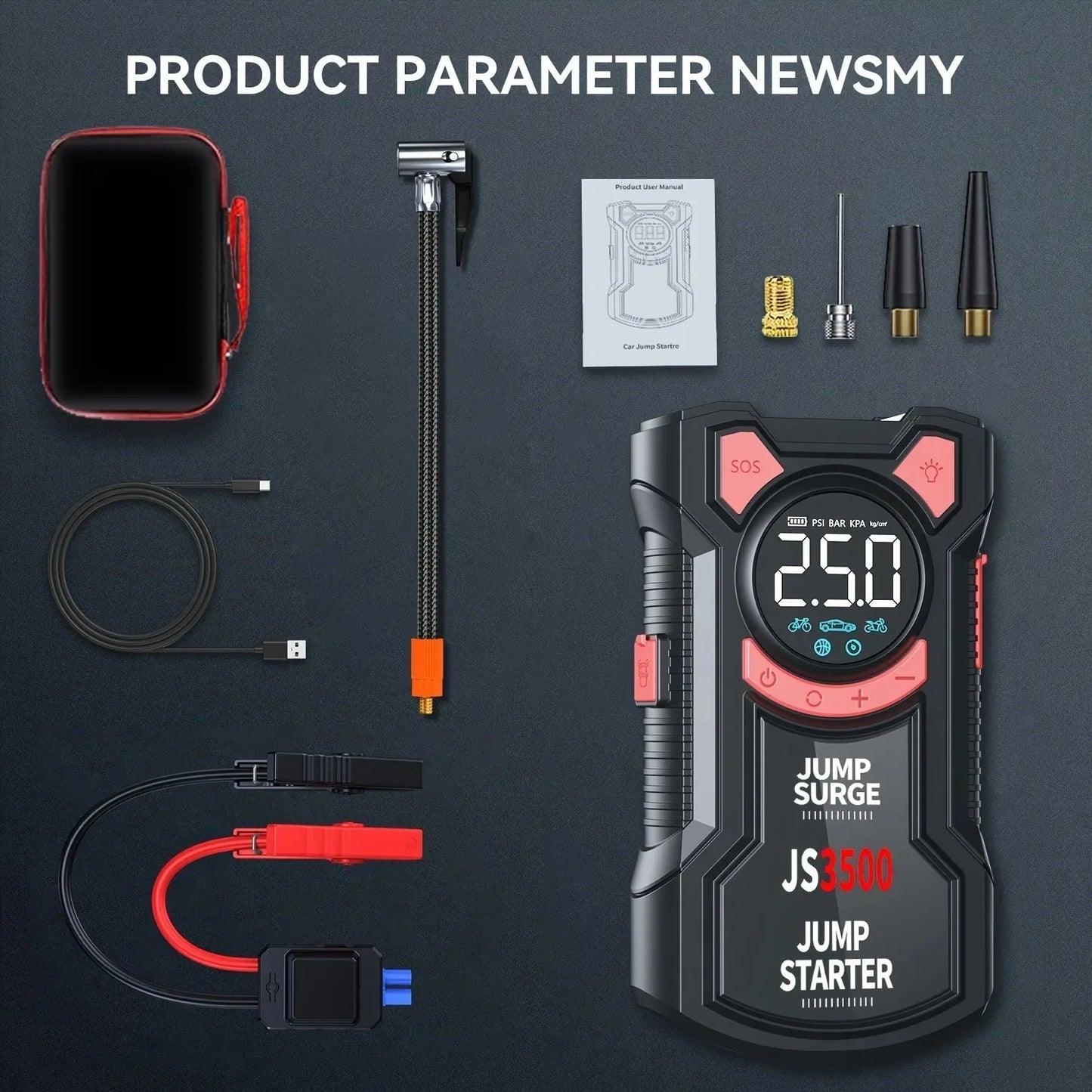 Jump starter with accessories on a dark background