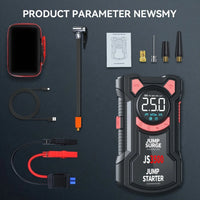 Jump starter with accessories on a dark background