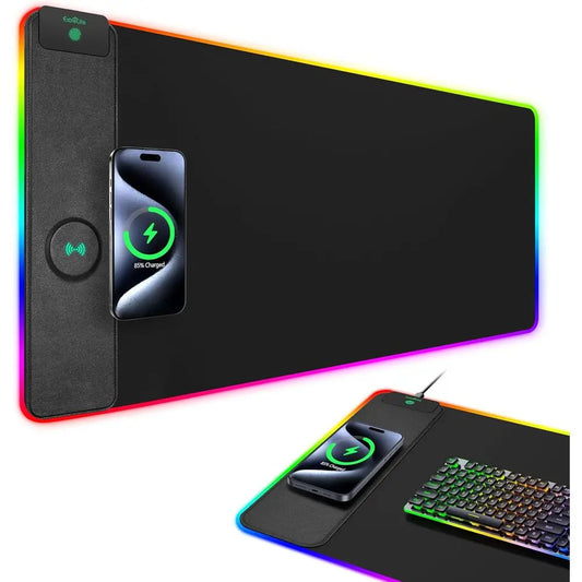 Gaming mouse pad with RGB lighting, smartphone, and keyboard on a white background