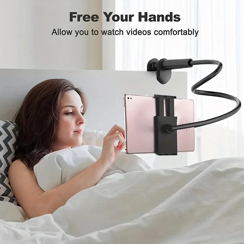 Woman in bed using a tablet holder with text 'Free Your Hands' and 'Allow you to watch videos comfortably'.
