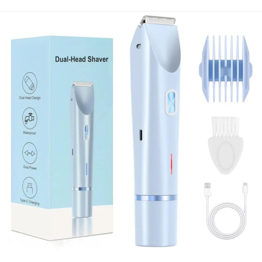 Dual-head shaver with packaging, attachments, and charging cable on a white background