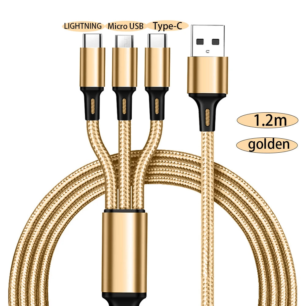 Gold USB cable with different connectors on a white background