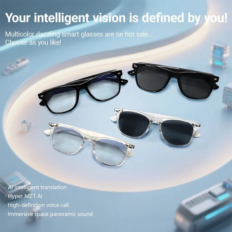 Four pairs of smart glasses on a circular light-up display with promotional text.