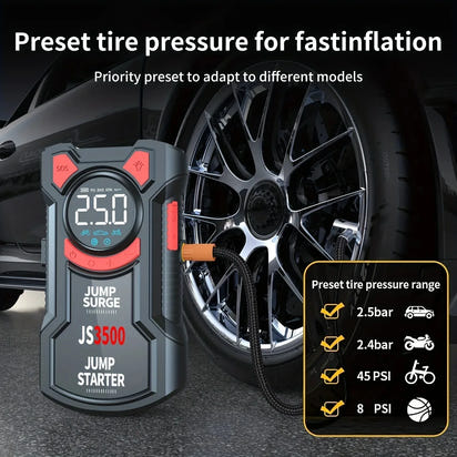 Jump starter with tire pressure gauge and preset tire pressure feature in front of a car tire.