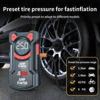 Jump starter with tire pressure gauge and preset tire pressure feature in front of a car tire.
