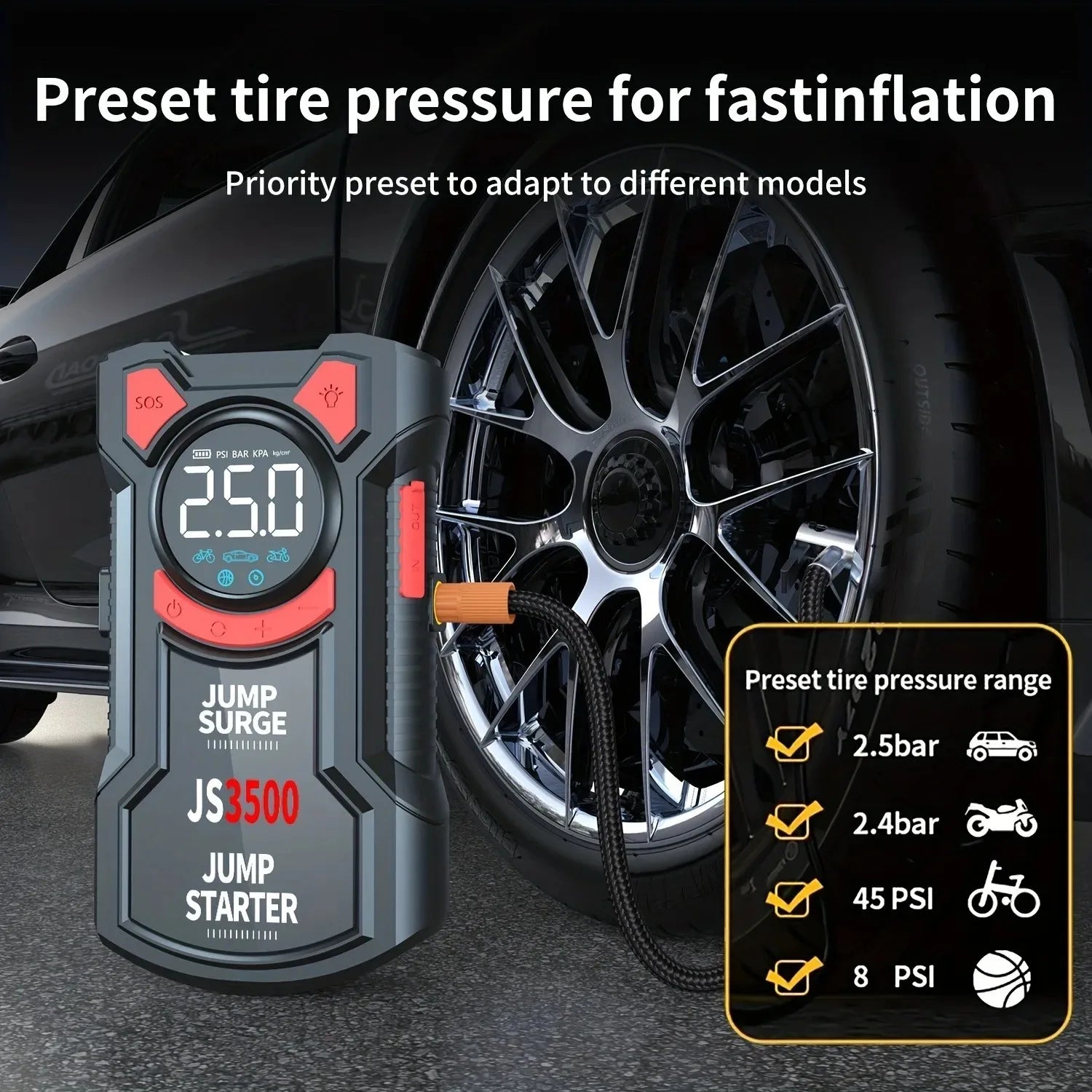 Jump starter with tire pressure gauge and preset tire pressure feature in front of a car tire.