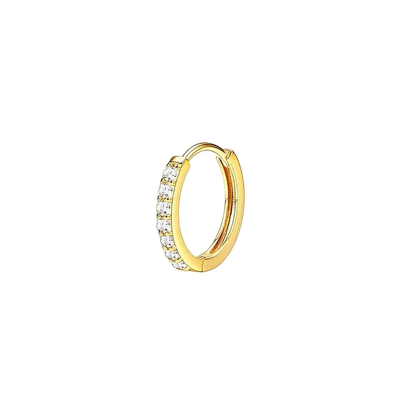 Gold hoop earring with embedded diamonds on a white background