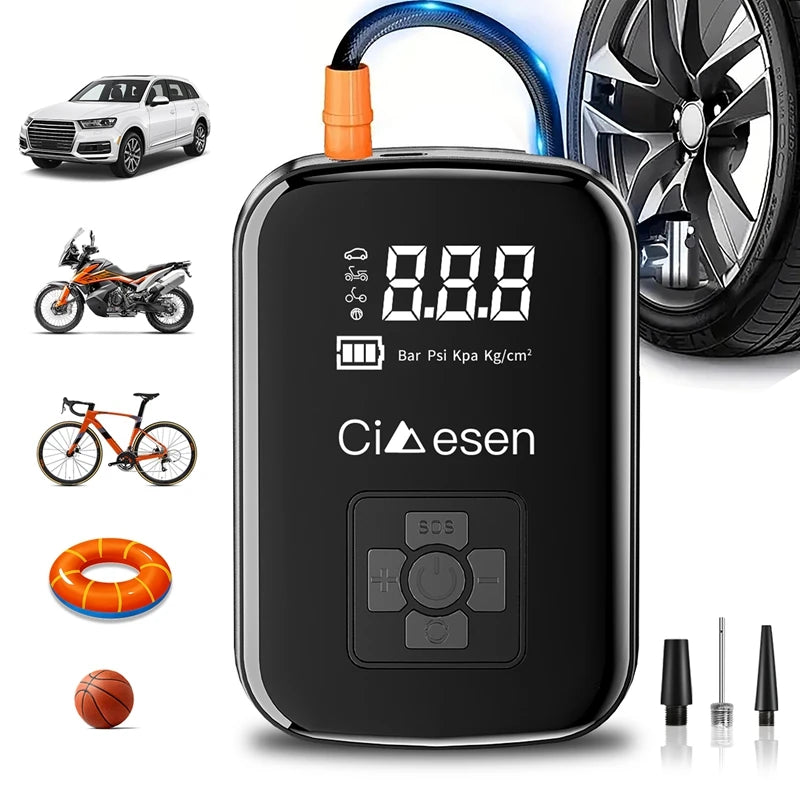 Digital air pump with tire and vehicle icons on a white background